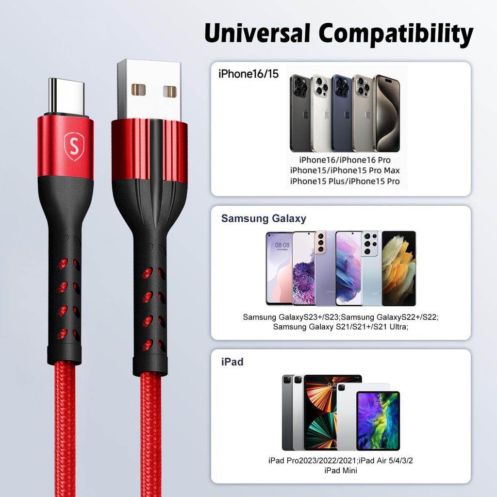 SiGN Kevlar USB-kabel med Lightning 2.1A, 2m - Grå/Rød