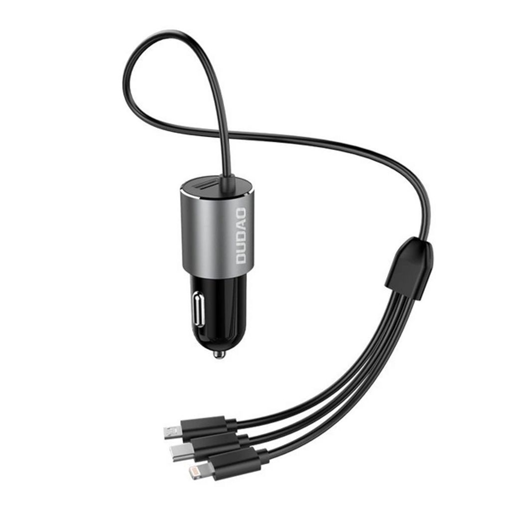 Dudao 3in1 USB-A billaddare med inbyggd Lightning/ USB-C/ mikro-USB-kabel
