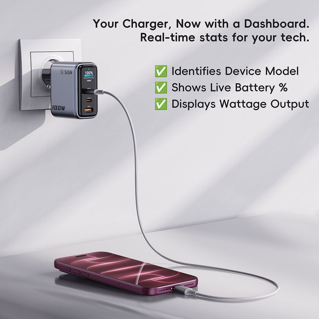 SiGN 100W Snabbladdare med Display – 2x USB-C / 1x USB-A - Grå