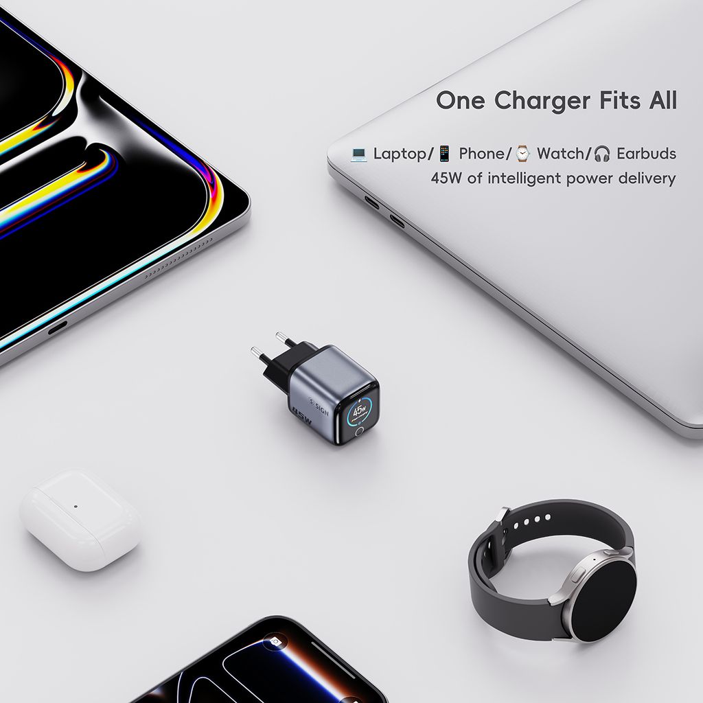 SiGN 45W Snabbladdare med Display – 2x USB-C - Grå