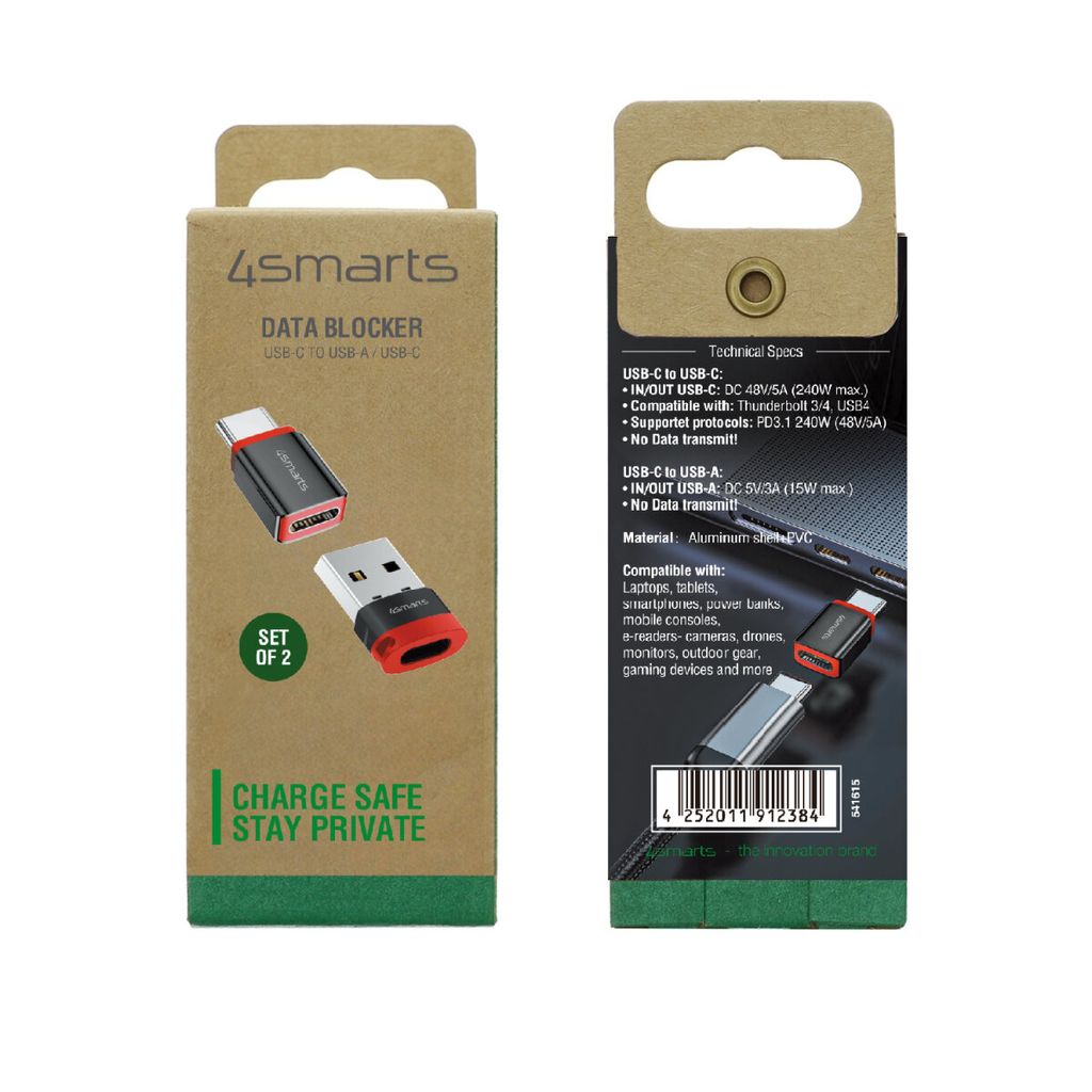 4Smarts Data Blocker -sovitinsarja USB-C - USB-A + USB-C, 2 kpl - musta