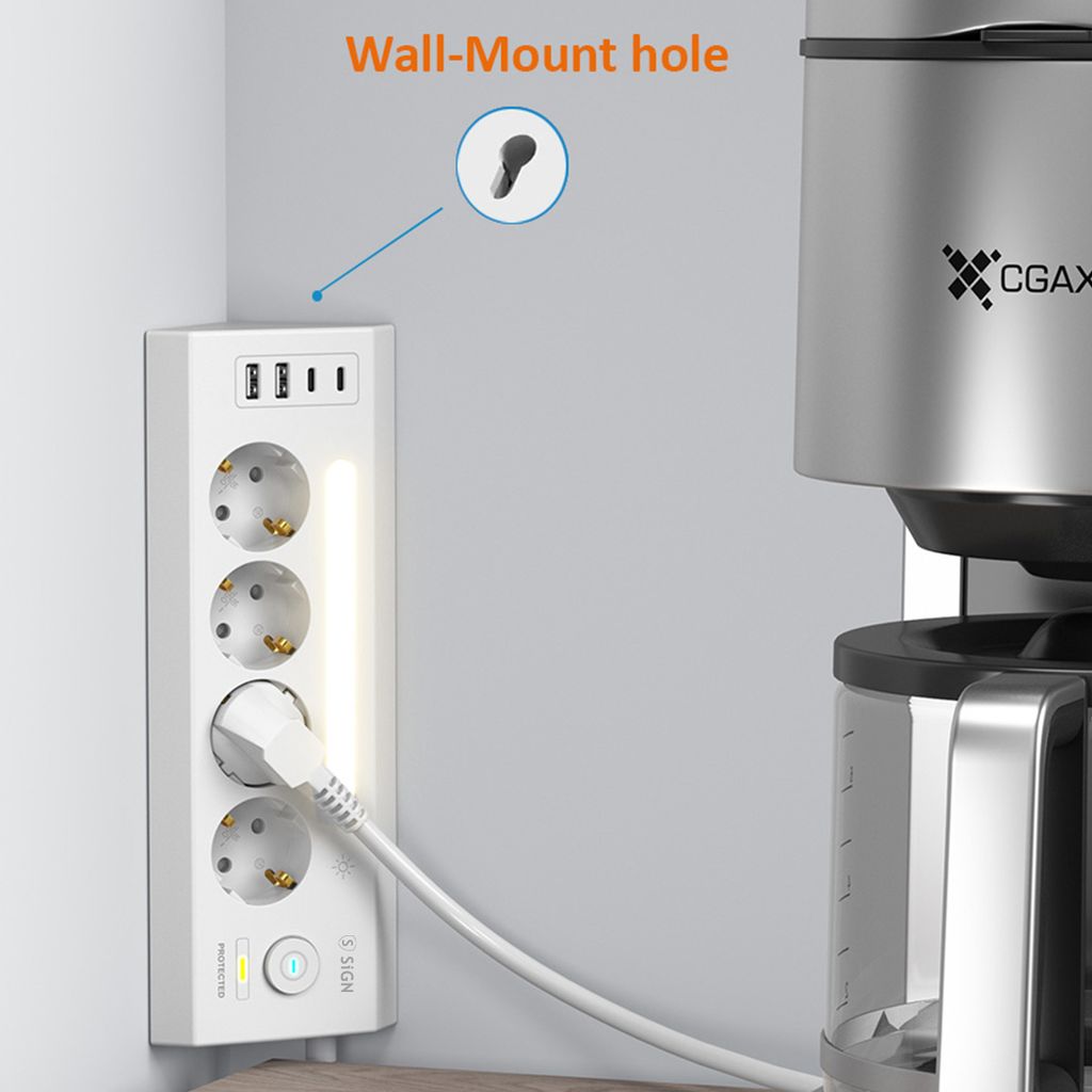 SiGN hurtigladende strømskinne for skrivebord 4-veis/2x USB-A/2x USB-C 1,8m – hvit
