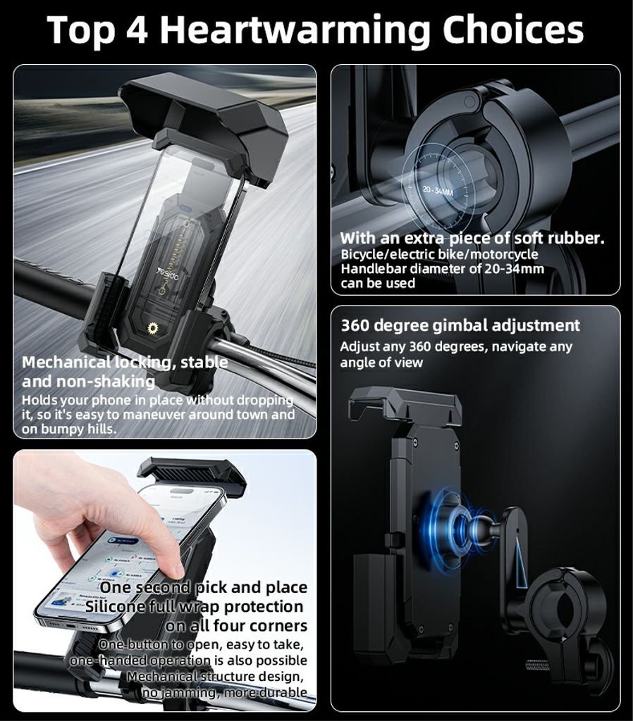 YESIDO C331 mobiltelefonholder med solskjerm for sykkel/motorsykkel/elscooter - Svart