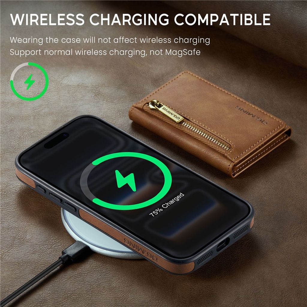 DG.MING iPhone 18 Pro/17 Pro Deksel med Magnetisk Avtakbar Lommebok - Brun