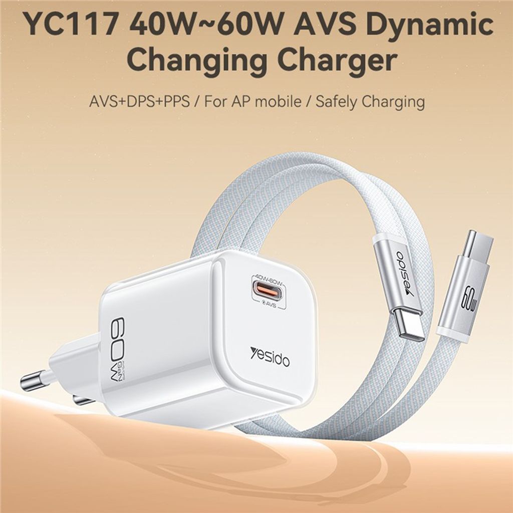 Yesido YC117 60W USB-C GaN-vegglader med USB-C-kabel – oransje