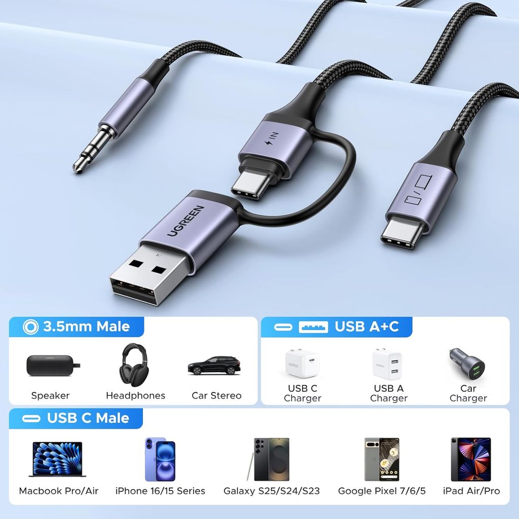UGREEN USB-C till 3,5 mm ljudadapter och laddningskabel, 1,5 m