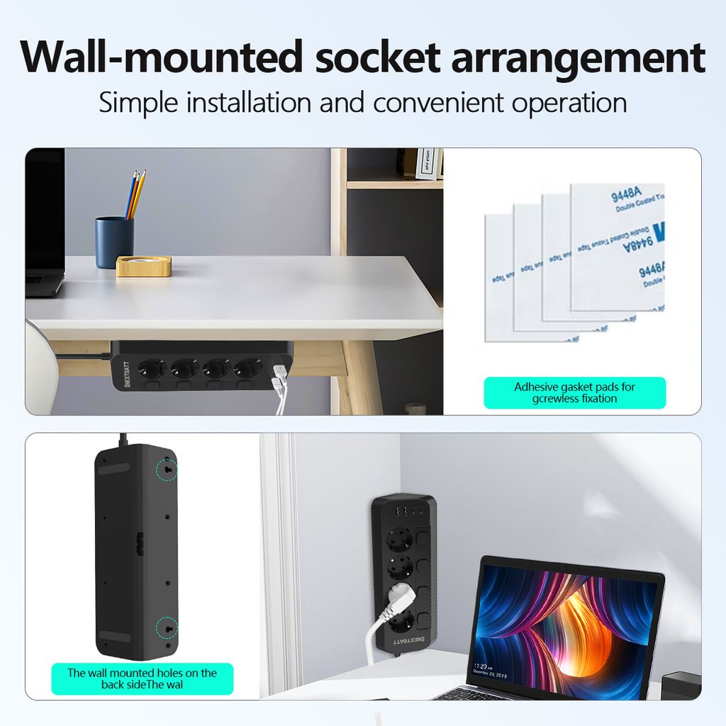 NEXTBATT Snabbladdning Grenuttag 4-vägs/USB-A/USB-C – svart