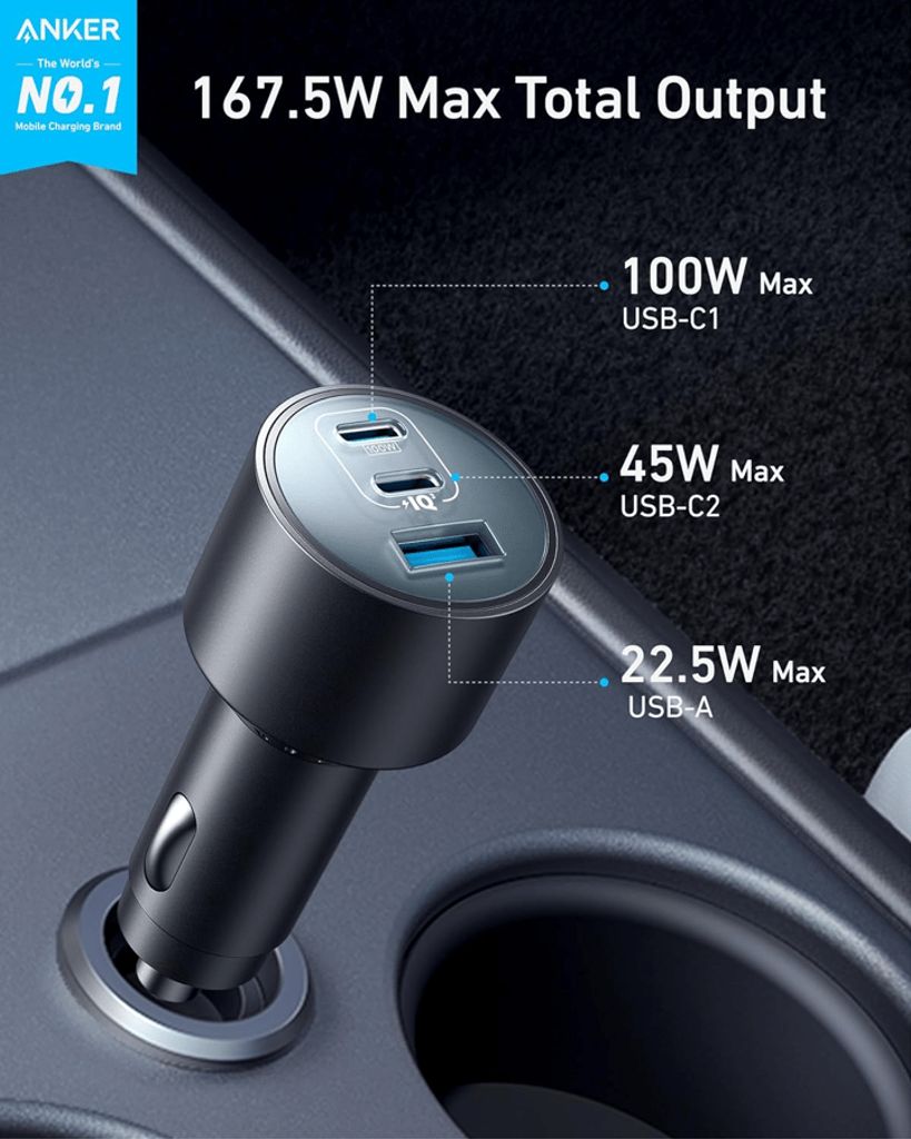 Anker billader 167W med 3 porte og USB-C kabel – grå