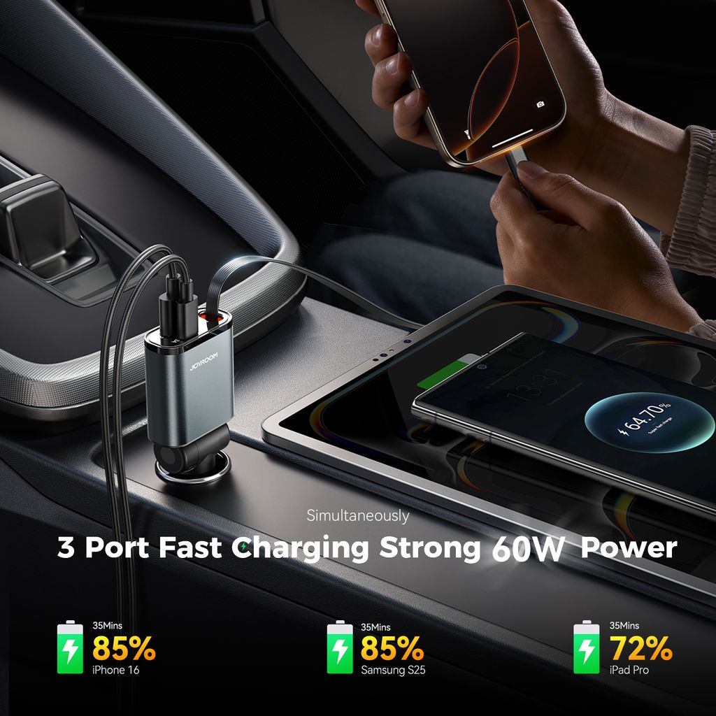 Joyroom JR-CL22A 3-i-1 billader 60W med uttrekkbar USB-C-kabel