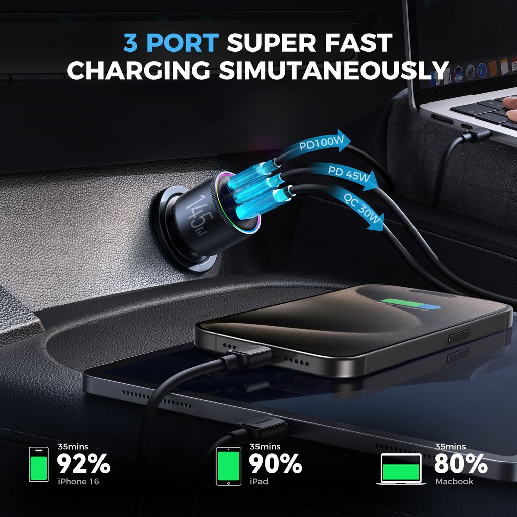 Joyroom JR-CL18 billader, 145W, 2x USB-C, 1x USB-A, PD, QC3.0 - svart