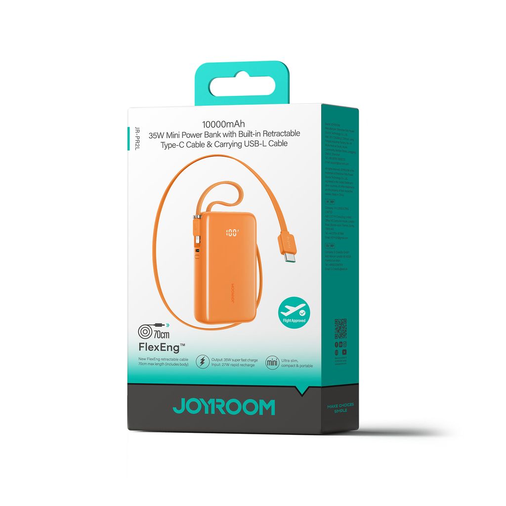 Joyroom JR-PR2L 35W Mini Powerbank 10000mAh med USB-C/Lightning-kablar - Orange