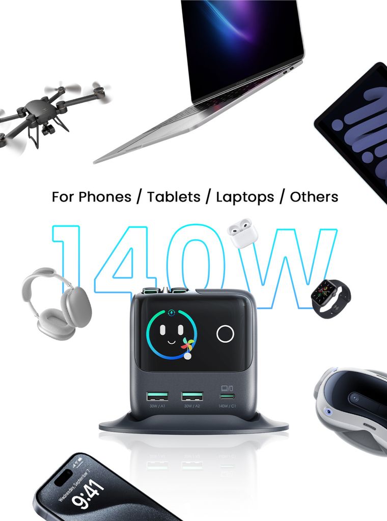 JOYROOM PODIX JR-TRD01 140W 5-in-1 GaN-latausasema - Harmaa