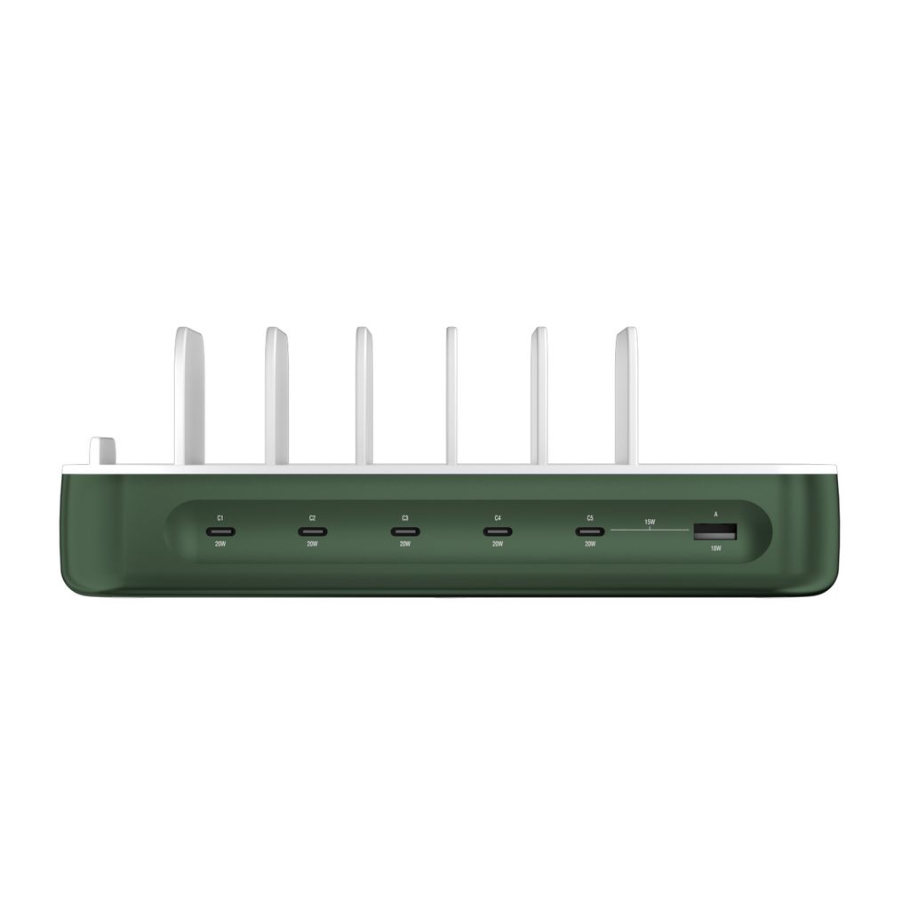 4smarts Team Ladestasjon 100 W – 5 USB-C + 1 USB-A med 6 kabler – Grønn