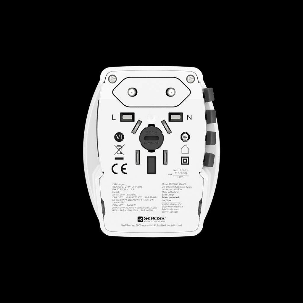 SKROSS universal reiseadapter med USB-A/USB-C 65W PD + USB-C-kabel