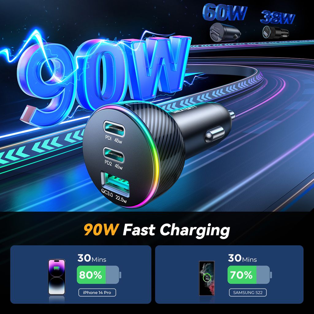 NEXTBATT LED billaddare 90W PD, USB-A / 2x USB-C – svart