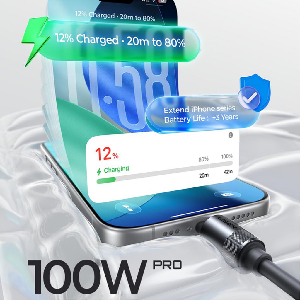 Lisen L115 USB-C till USB-C-kabel, 100W, 3m – Svart