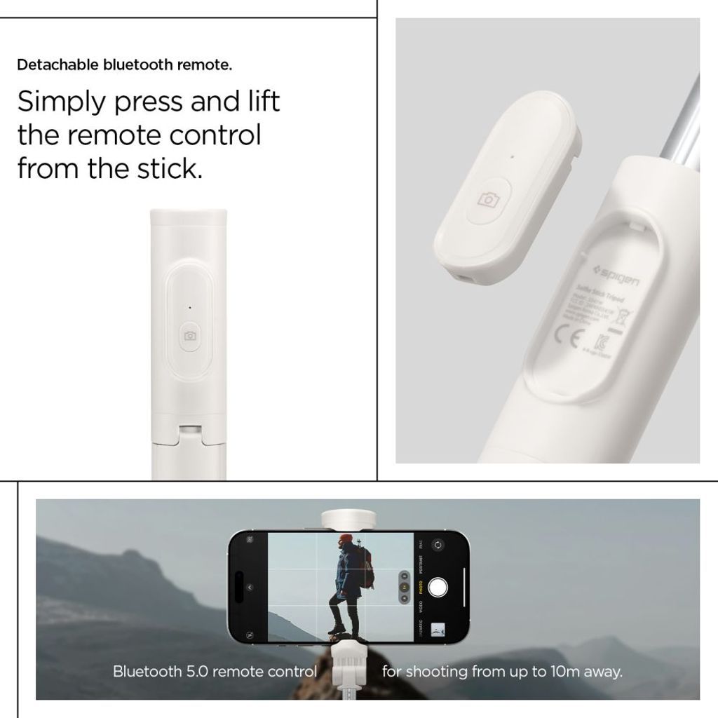 Spigen S541W Bluetooth selfiestang / stativ, 146 cm - hvit