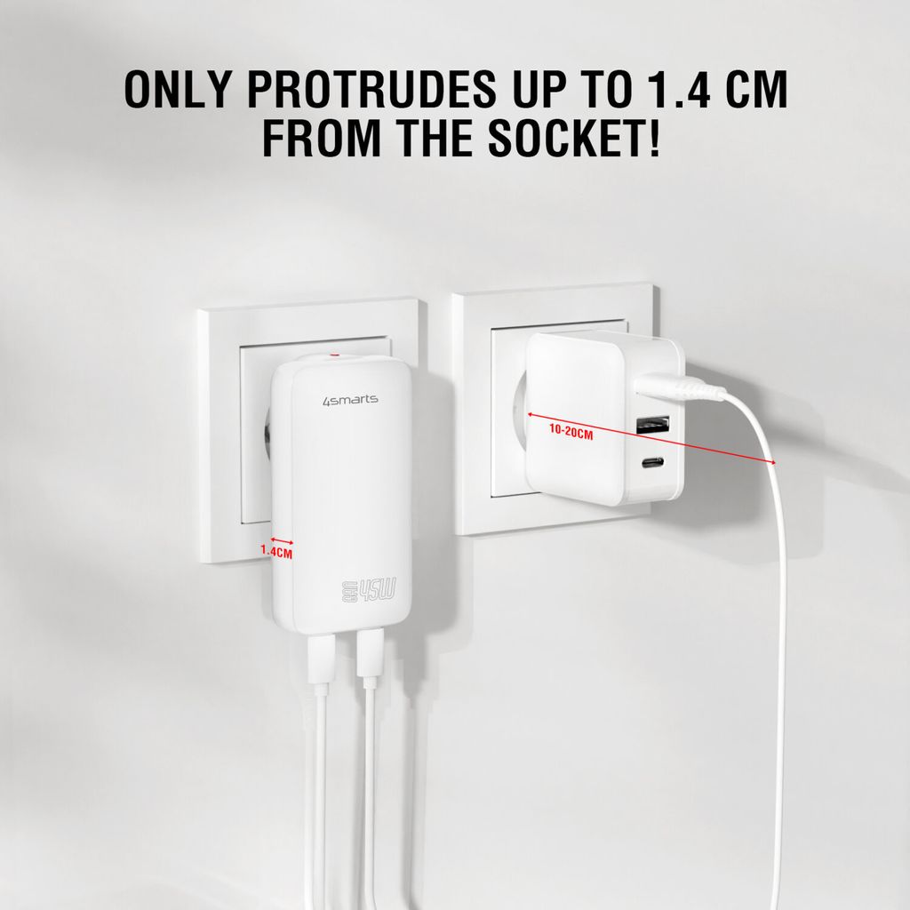 4Smarts FlatPlug Slim Dual 45W GaN 2x USB-C Vegglader – Hvit
