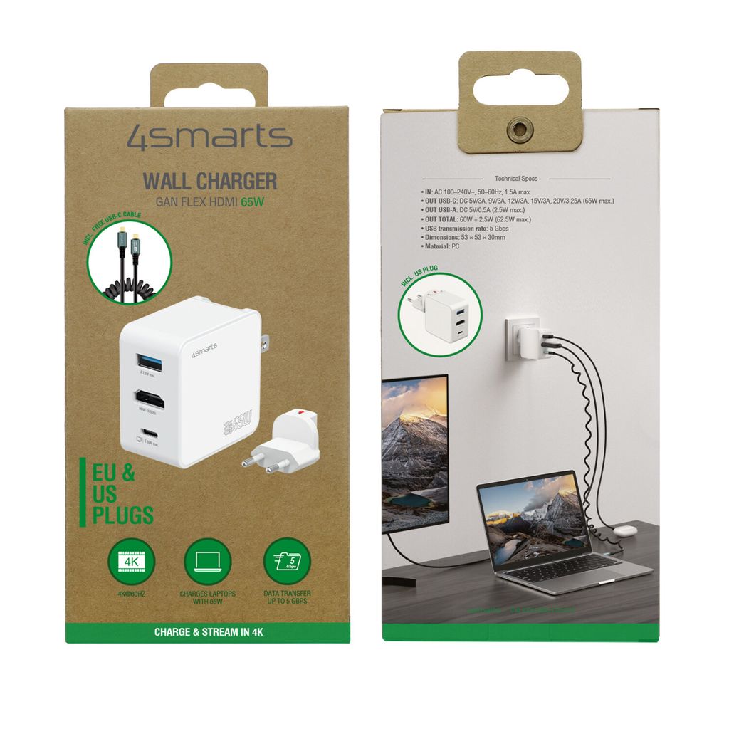 4Smarts 3-i-1 GaN Flex-lader/reiseadapter 65 W med HDMI – hvit