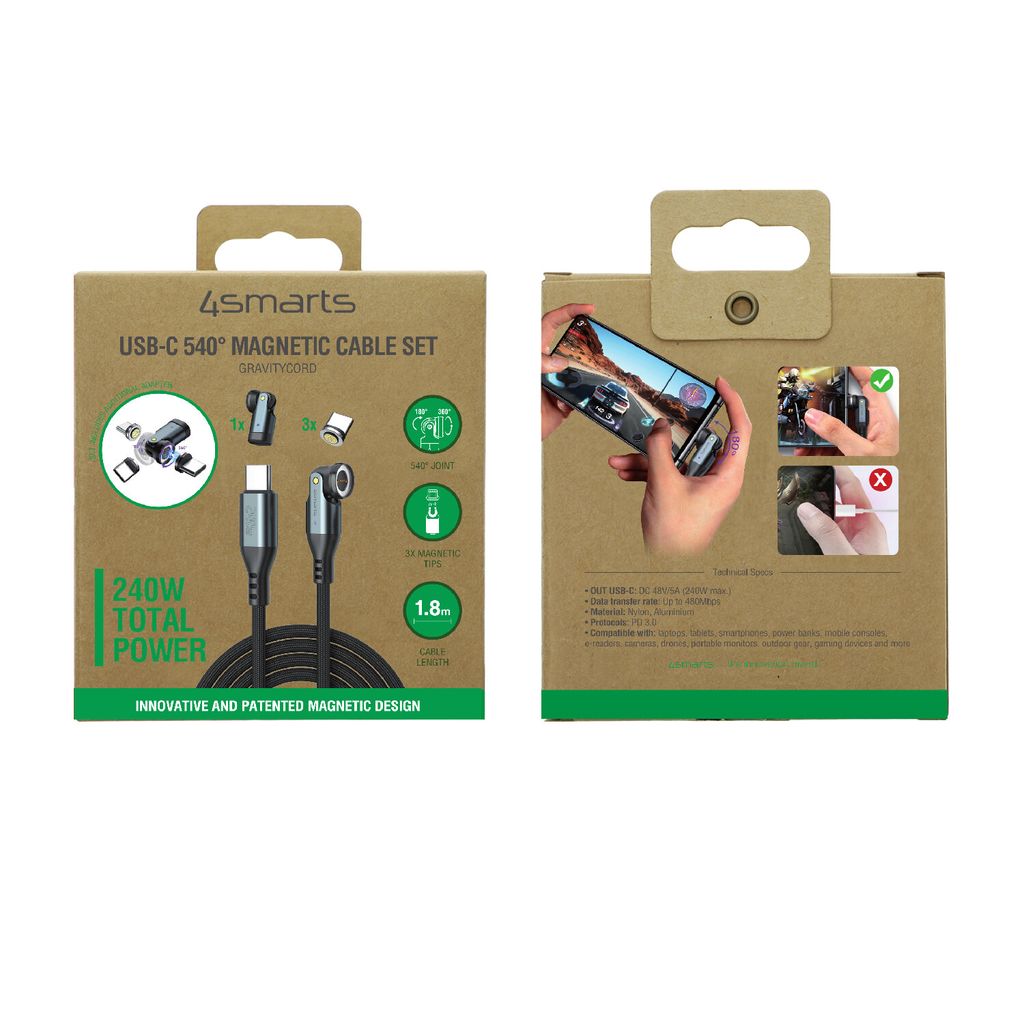 4Smarts GravityCord USB-C 540° magnetiskt kabelset 240W 1,8m – svart