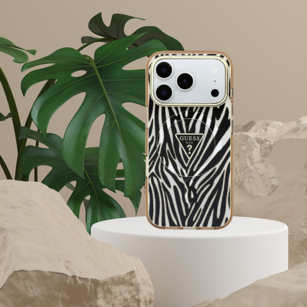 Guess Zebra Glitter Triangle Logo MagSafe -kuori  iPhone 17 Pro/18 Pro Case:lle - Kulta