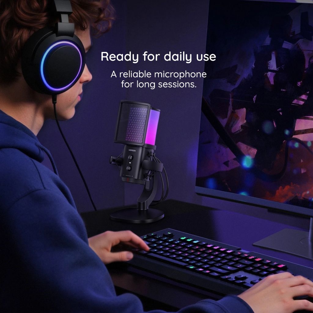 UGREEN CM581 Kardioidmikrofon med RBG-belysning, USB-C, 1,5 m - Svart