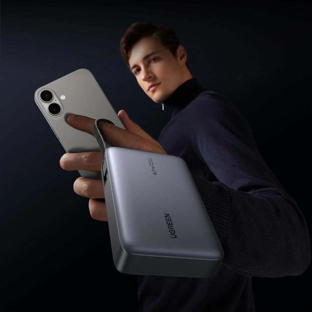 UGREEN Powerbank 20000mAh, 67W, QC + PD med innebygd USB-C-kabel – Grå