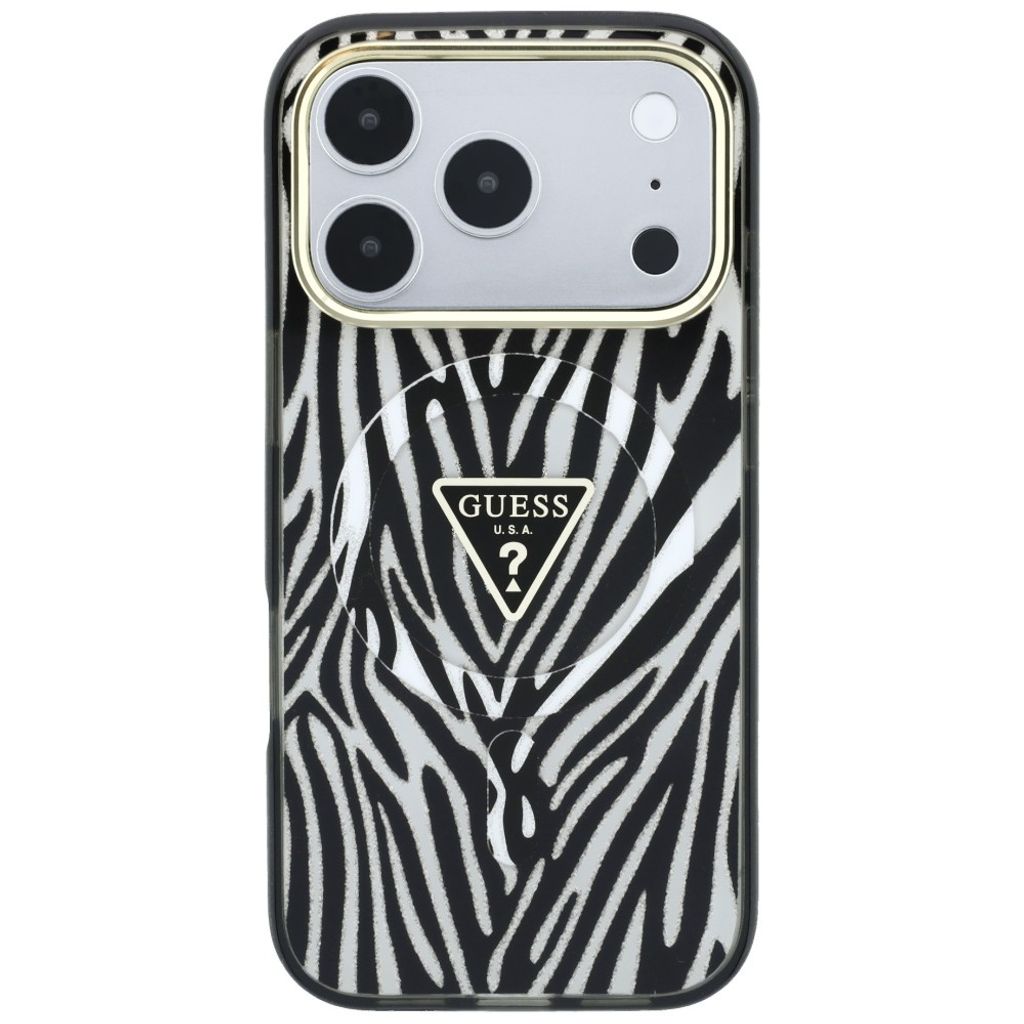 Guess IML Zebra Glitter Triangle Logo MagSafe -kuori  iPhone 18 Pro/17 Pro:lle - Hopea