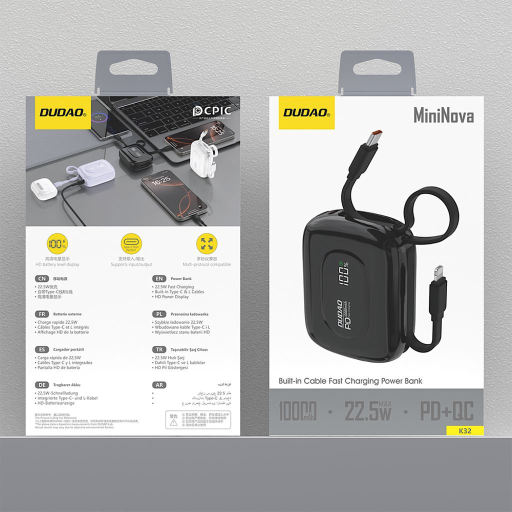 Dudao K32 powerbank 22,5 W 10000 mAh med USB-C/Lightning-kabler – svart