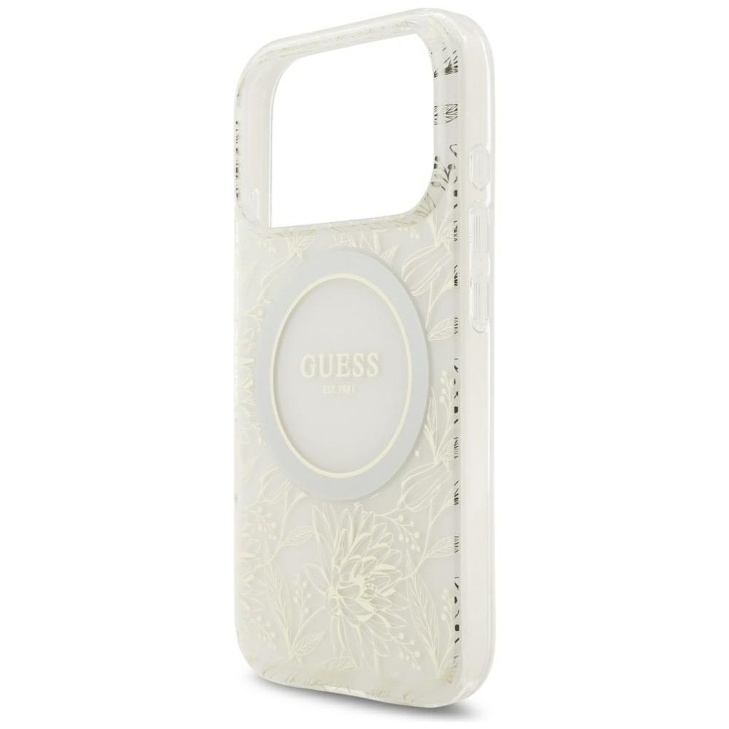Guess IML Flower MagSafe -kuori helmirannekkeella iPhone 18 Pro Max/17 Pro Max:lle - Valkoinen
