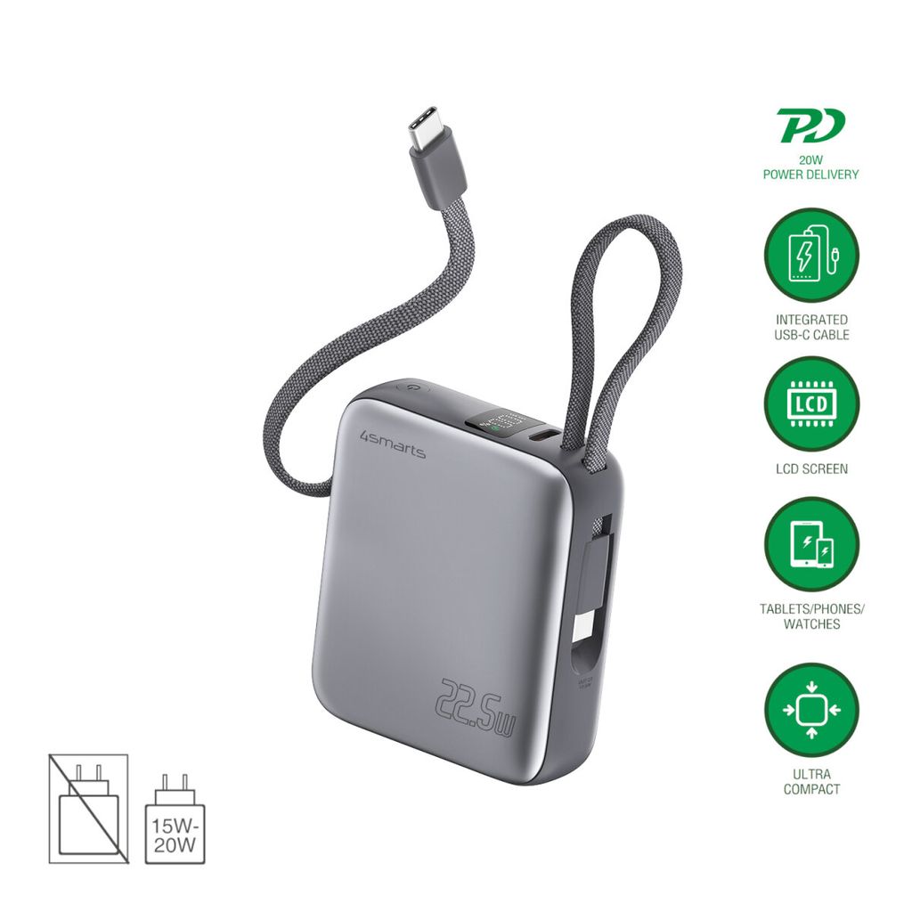 4Smarts Pocket Tehopankki USB-C-kaapelilla 10 000 mAh 22,5 W – Tähtiharmaa
