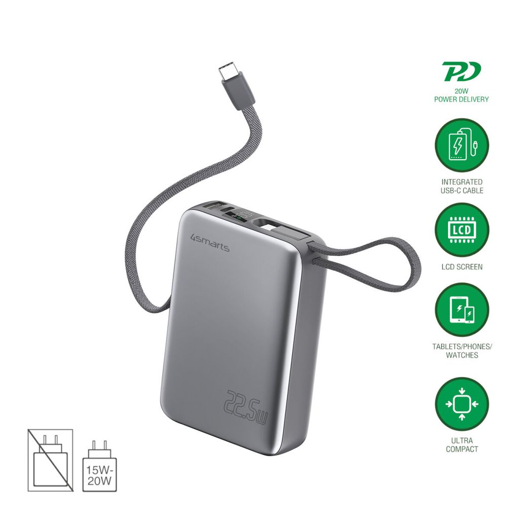 4Smarts Pocket Powerbank med Dubbla USB-C kablar 20000 mAh 22.5W – Space Grey