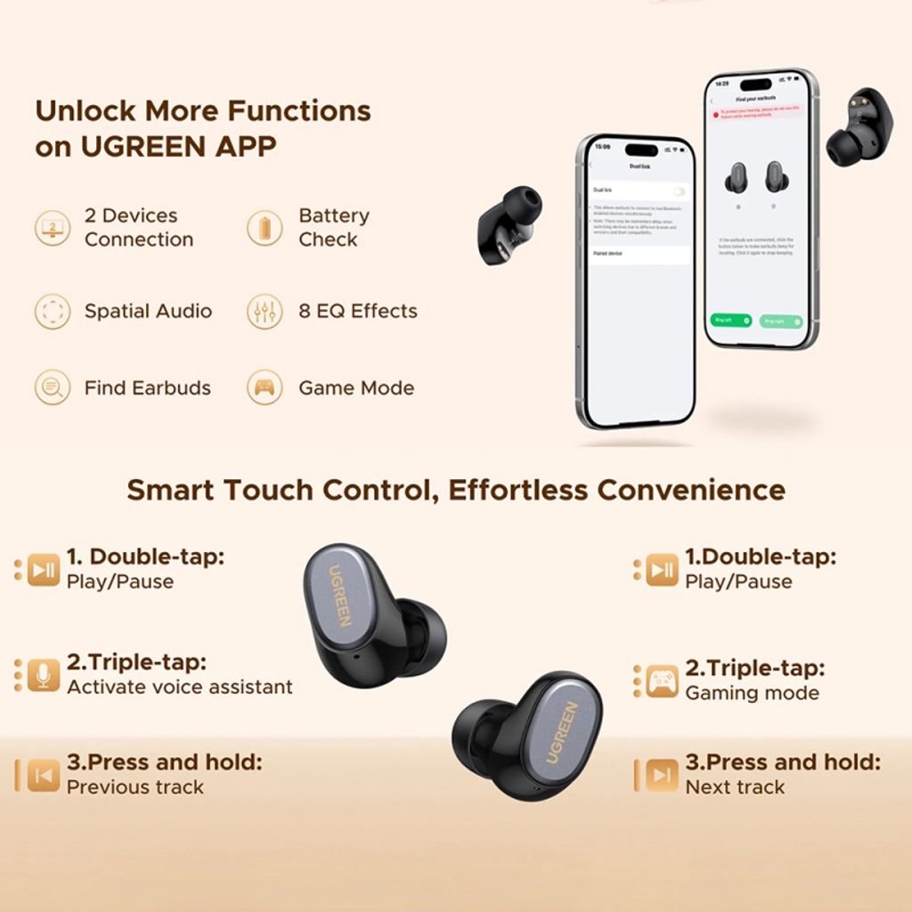 Ugreen Dots trådløse in-ear høretelefoner – sorte