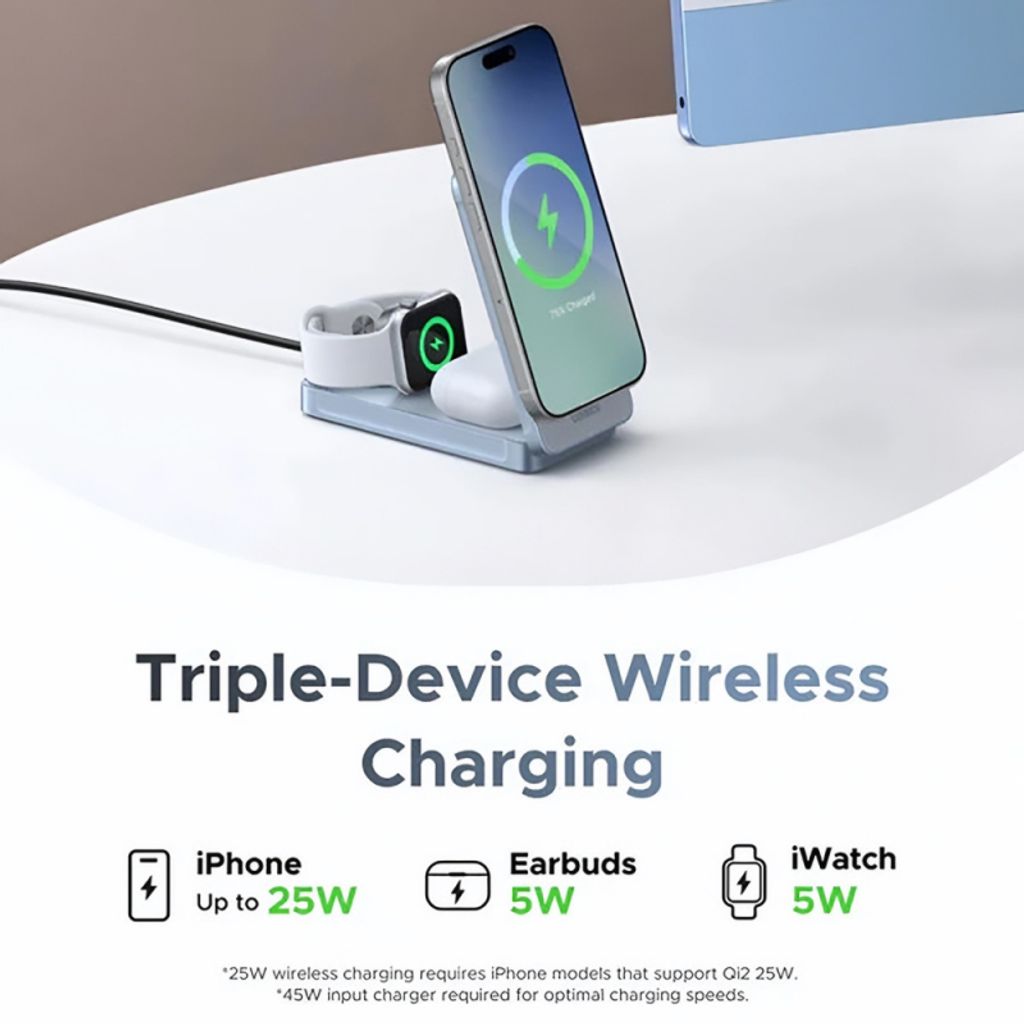 Ugreen W757 draadloze oplader 3-in-1 25W voor iPhone, Apple Watch en Airpods – Blauw