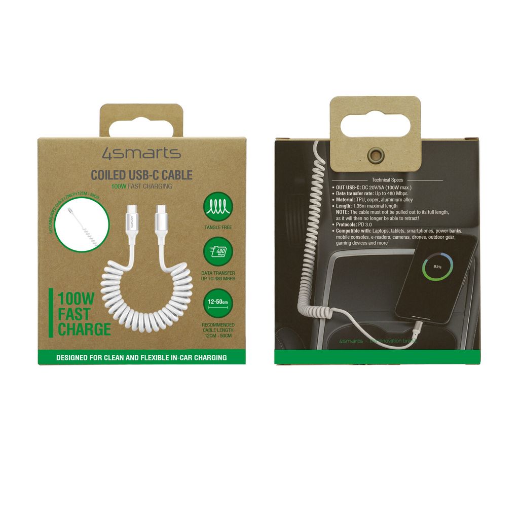 4Smarts USB-C-kabel, uttrekkbar spiralkabel, 100 W, 1,35 m – hvit