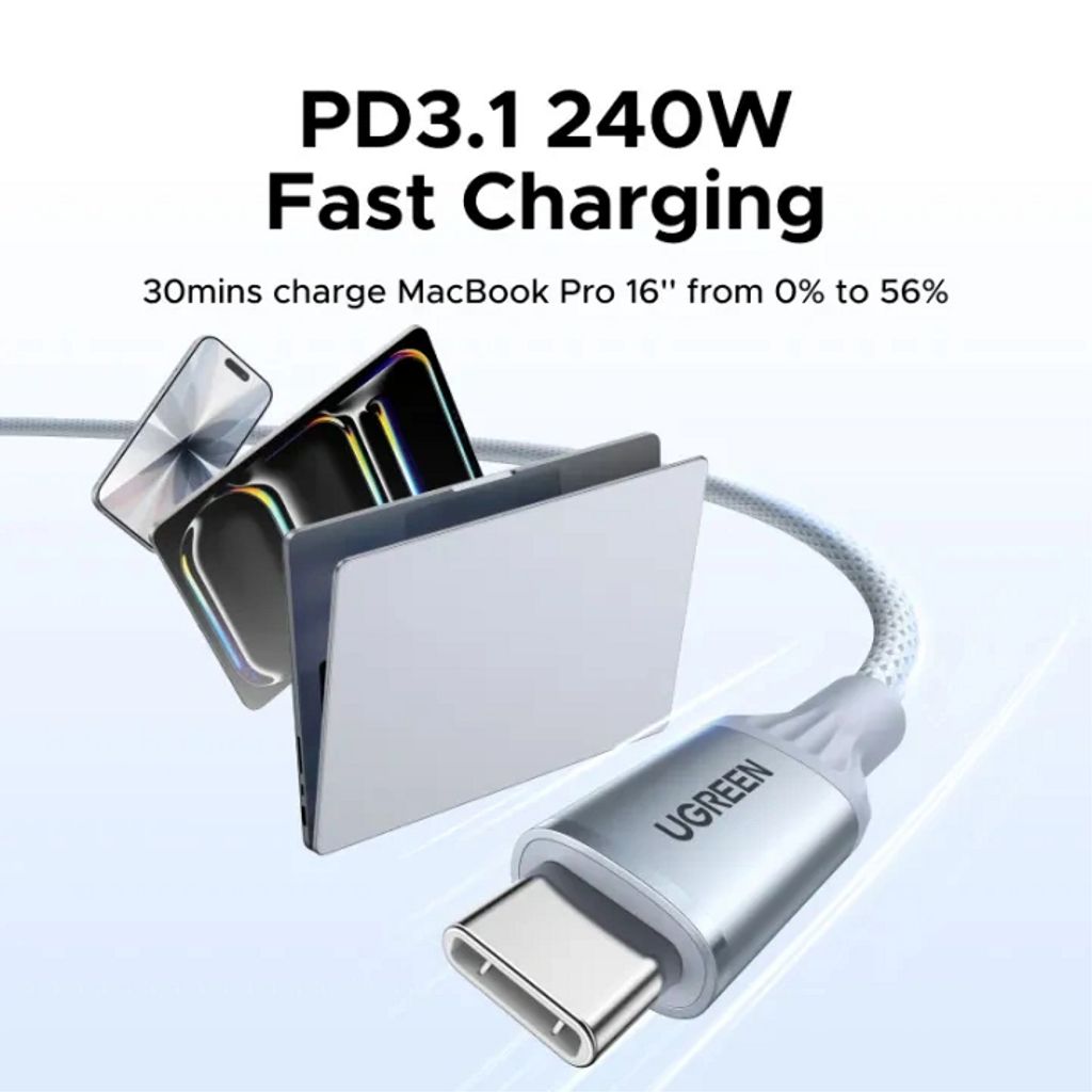 UGREEN USB-C - USB-C PD -pikalatauskaapeli 240W, 1m – Hopea/Valkoinen