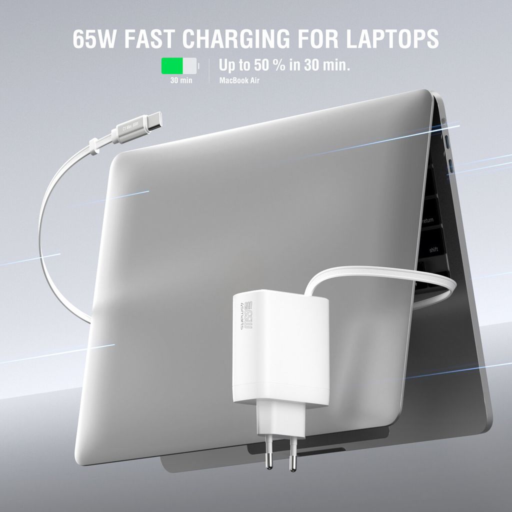 4Smarts PDPlug Jojo 65W vegglader PD GaN med uttrekkbar USB-C-kabel – hvit