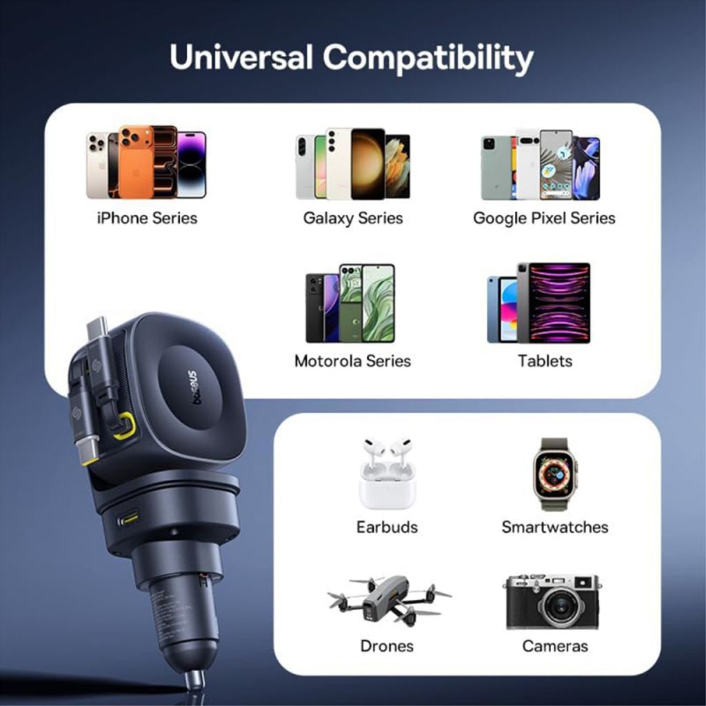 Baseus PrimeTrip VR2 Max billaddare USB-A/USB-C med utdragbara kablar – Svart