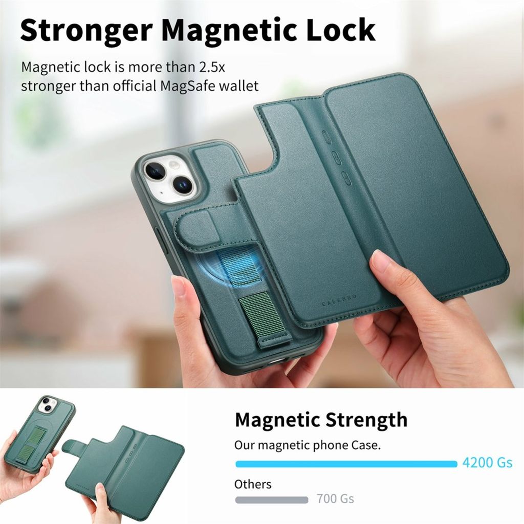 CASENEO iPhone 15 MagSafe Wallet Cover with detachable wallet – Green