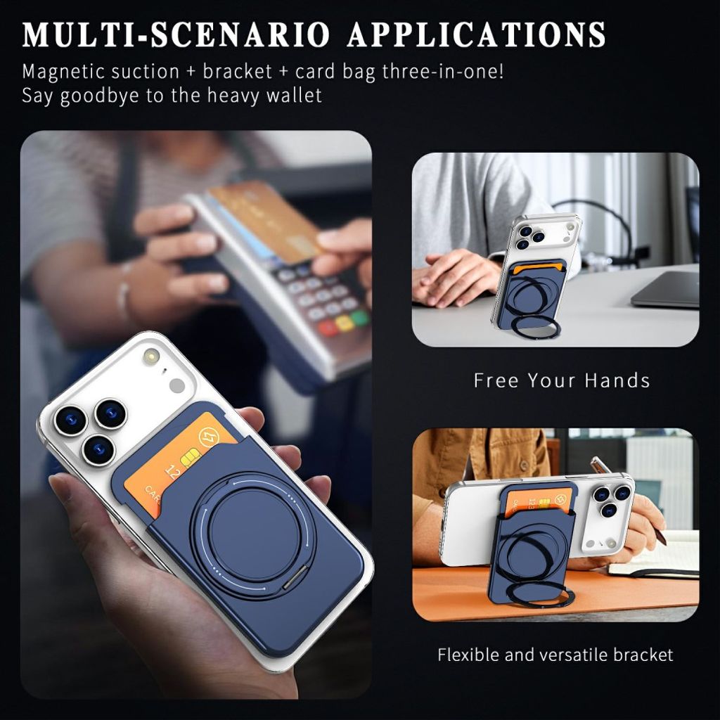 Magnetisk kortholder for mobiltelefon med ringstativ - blå