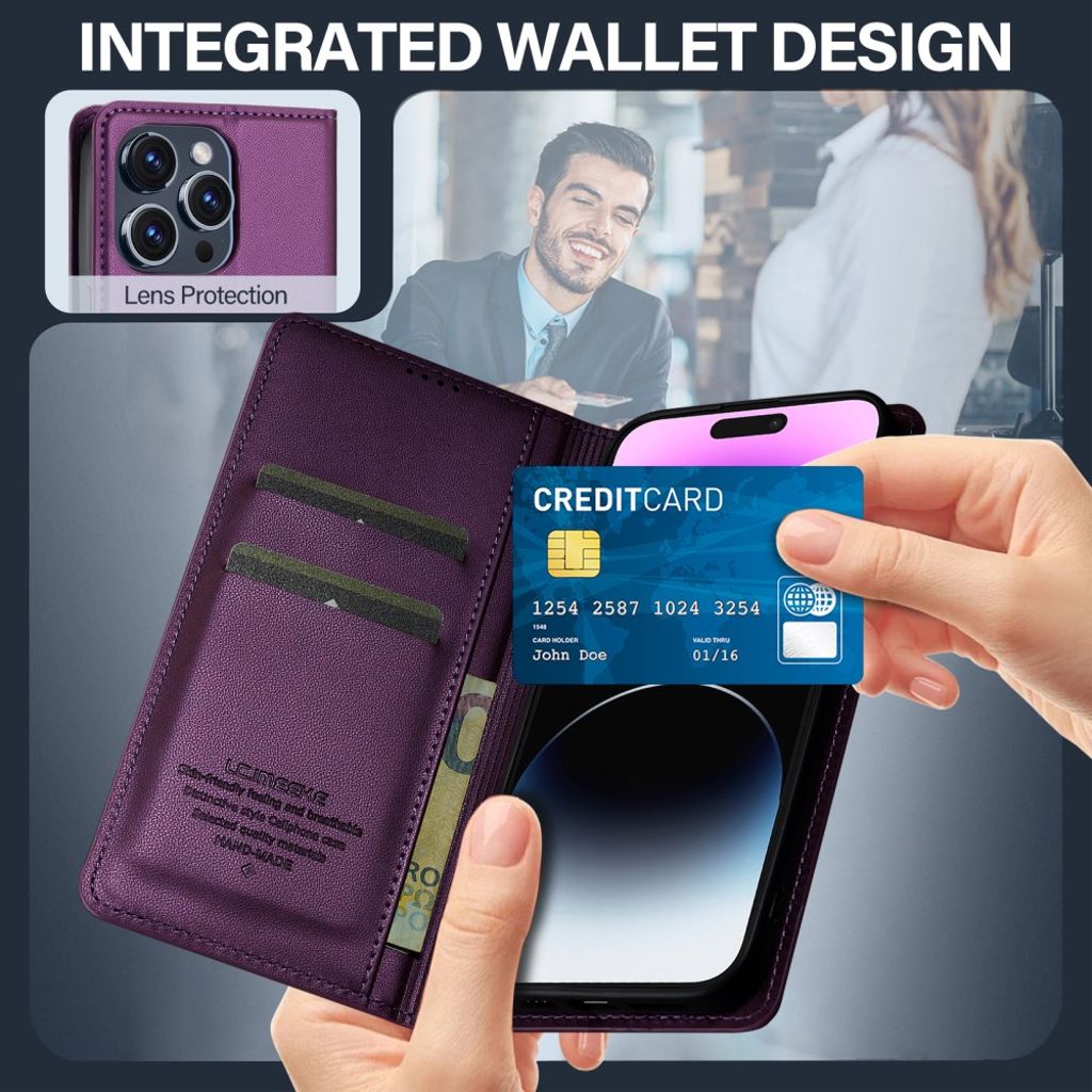 LC.IMEEKE iPhone 15 Pro Wallet Cover Stand PU Leather - Purple