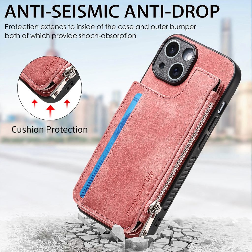 iPhone 14 Pungcover med Kortholder og Stativ - Lyserød
