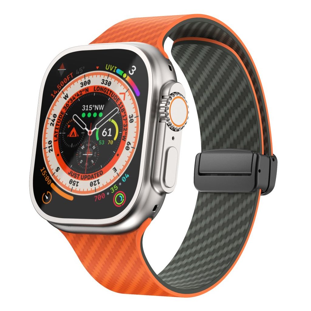 Apple Watch 49 / 46 / 44 / 42mm Klockarmband kolfibertextur - Orange/Grön
