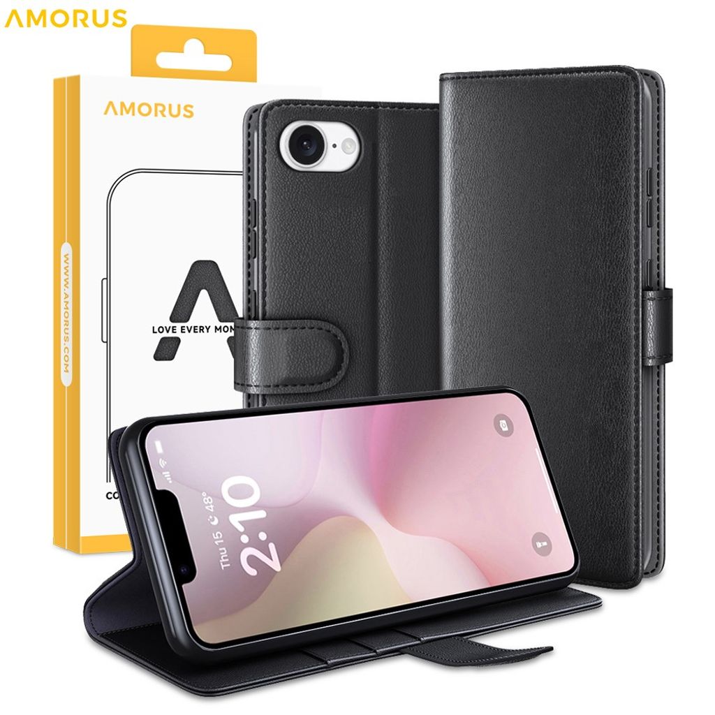 AMORUS iPhone 16e Wallet Cover Stand Real Leather - Black