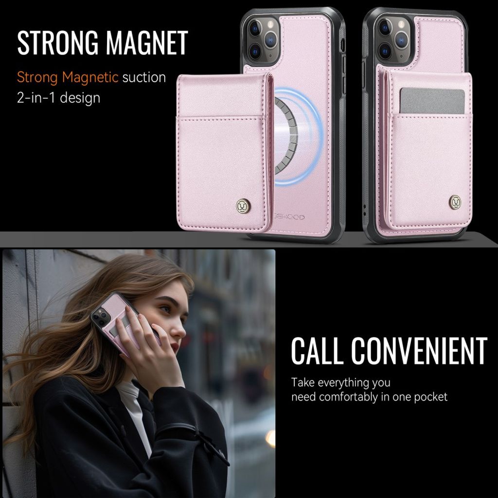 JEEHOOD iPhone 11 Pro Max Pungcover MagSafe Kortholder RFID – Lyserød