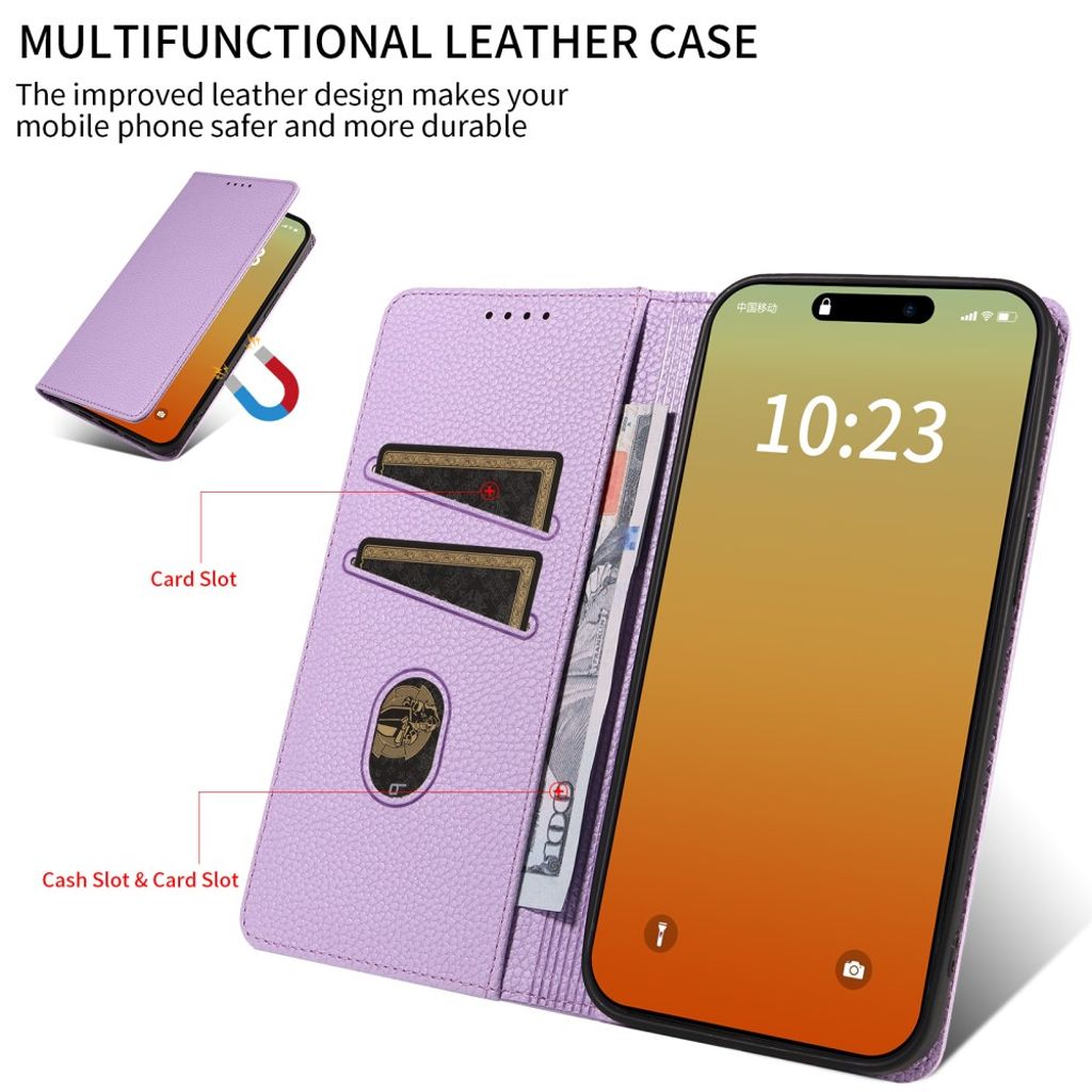 iPhone 14 Pro Max Wallet Cover RFID Blocking Magnetic - Purple