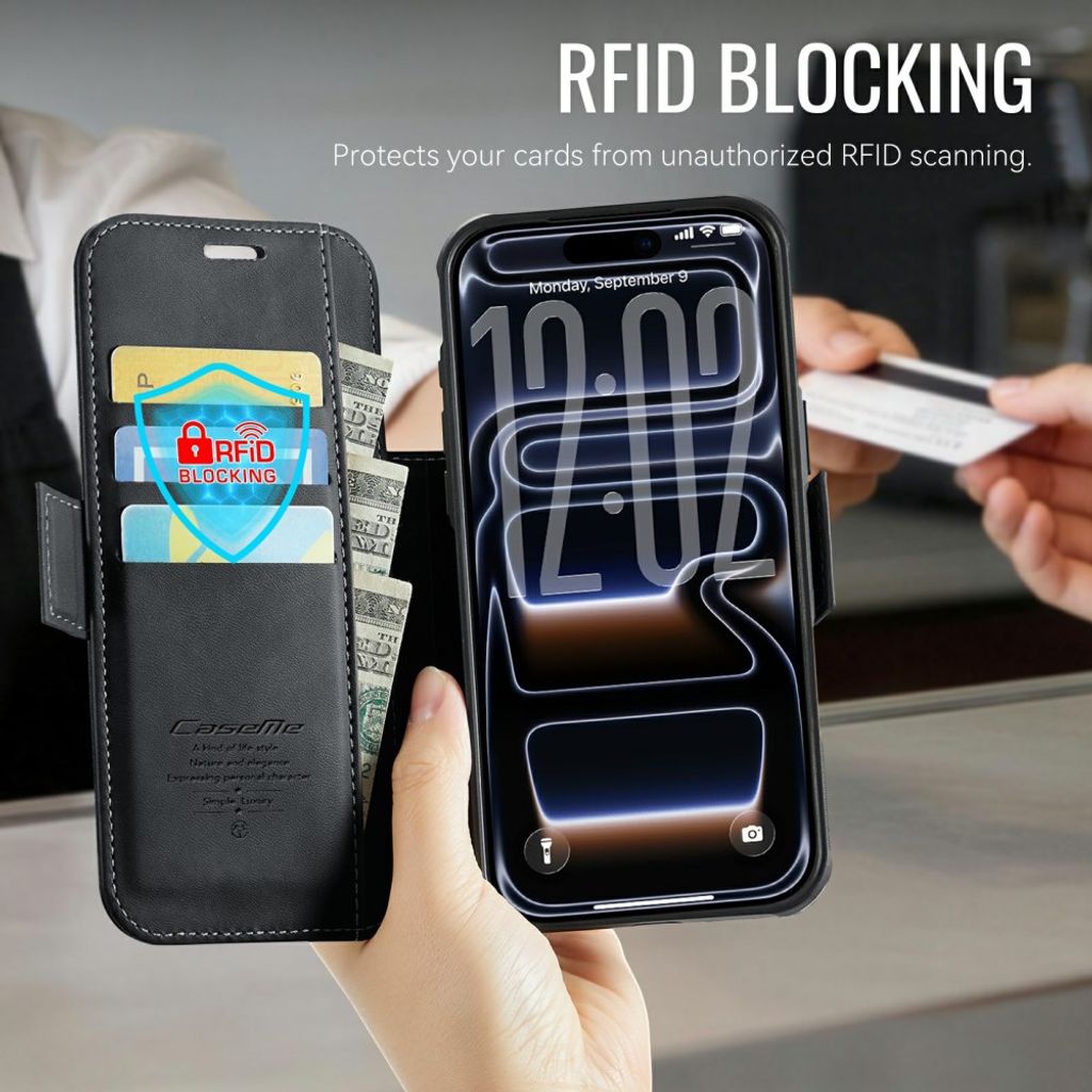 CASEME 053 iPhone 17 Pro Max Lommeboketui MagSafe RFID Blokkerende - Svart