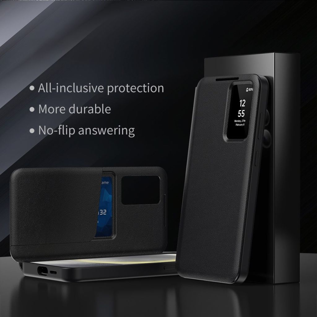 Samsung Galaxy S25 etui med visningsvindu og kortholder – svart