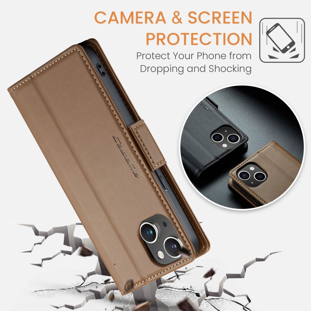 CASEME iPhone 15 Wallet Cover RFID Blocking 3 Card Slots - Brown