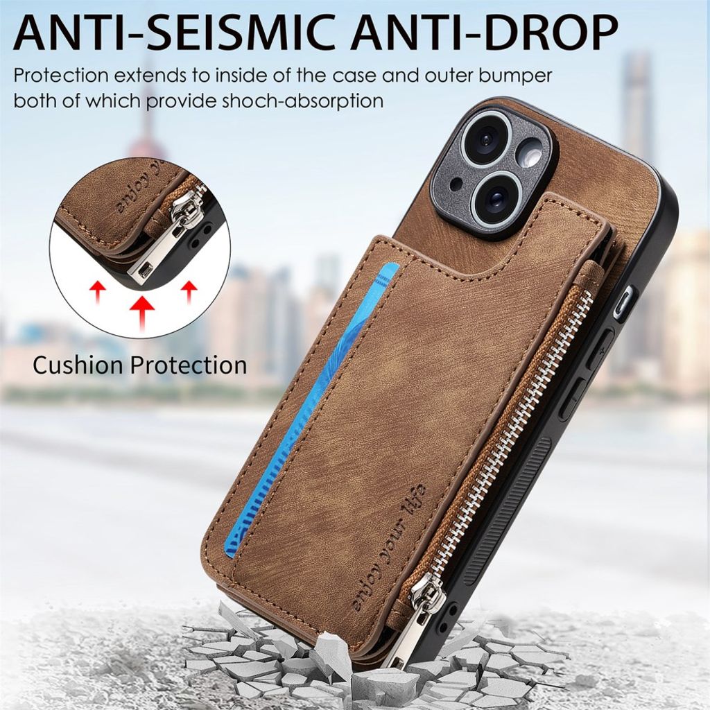 iPhone 14 Cover med Kortholder og Stativ - Brun